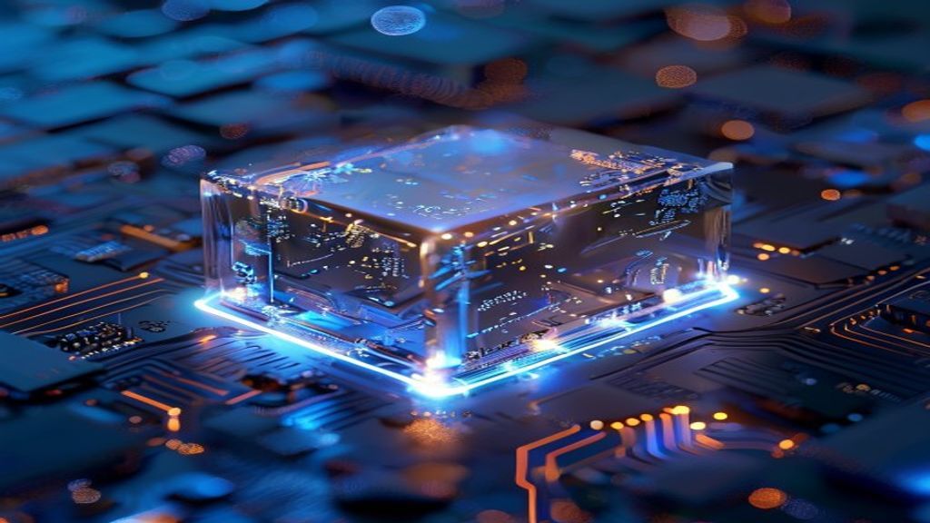 A high-tech macro shot of a computer chip integrated with liquid light. Glowing circuitry flowing like mercury into a co