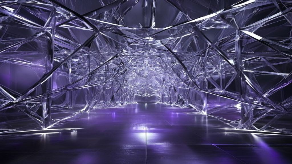 A complex architectural lattice of translucent glass and chrome beams self-assembling in a dark void. Volumetric lightin