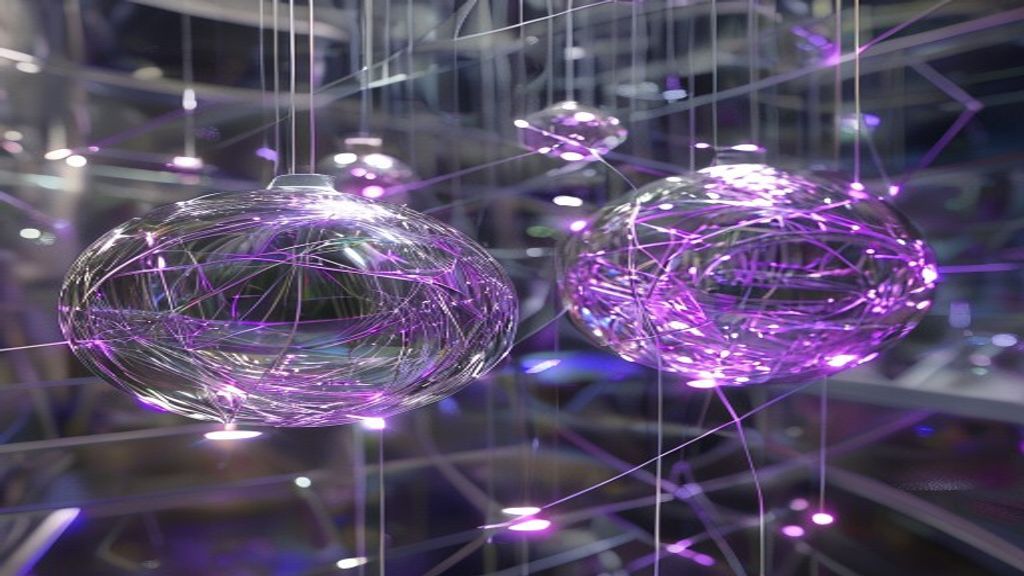 Two massive, polished chrome spheres suspended in a zero-gravity chamber. Countless micro-filaments of neon light connec