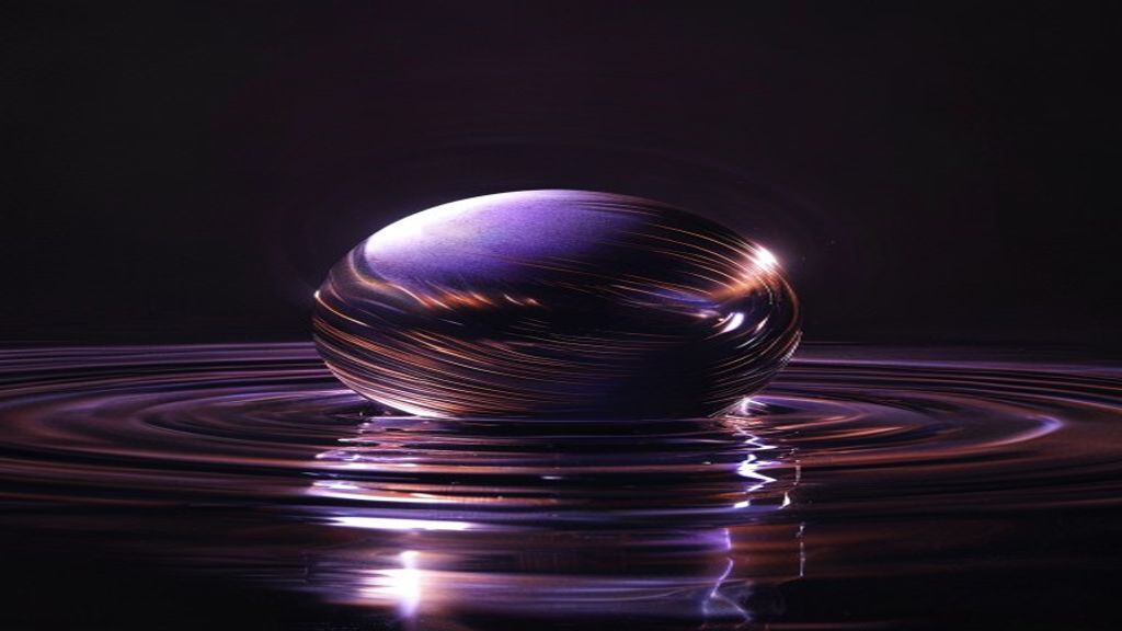 A modern conceptual shot of a metallic, iridescent sphere vibrating, emitting concentric rings of light like a ripple in