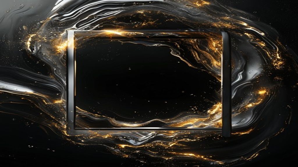 A high-tech, minimalist metallic frame floating in a void, surrounded by swirling currents of liquid mercury and gold li
