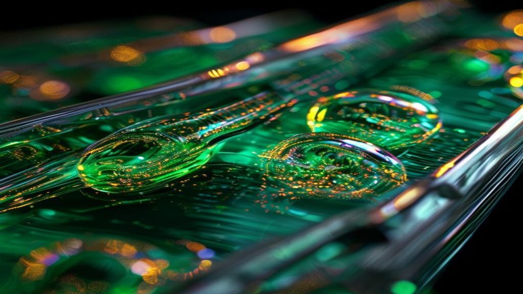 Macro photography of a glowing microfluidic flow cell with iridescent fluids pulsing through tiny channels. Dramatic top