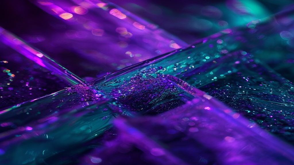 Modern abstract composition featuring rigid glowing fiber-optic grids intersecting with messy, iridescent liquid spills.