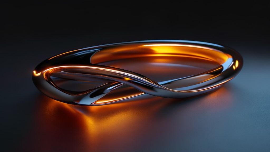 Close-up of a futuristic, minimalist wearable device made of polished chrome and frosted glass. Soft amber ambient light