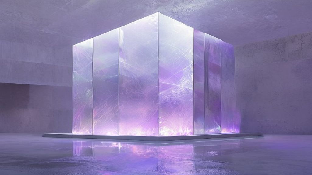 A monolithic crystalline structure reflecting a complex grid of light, symbolizing massive scale and intelligence, soft 