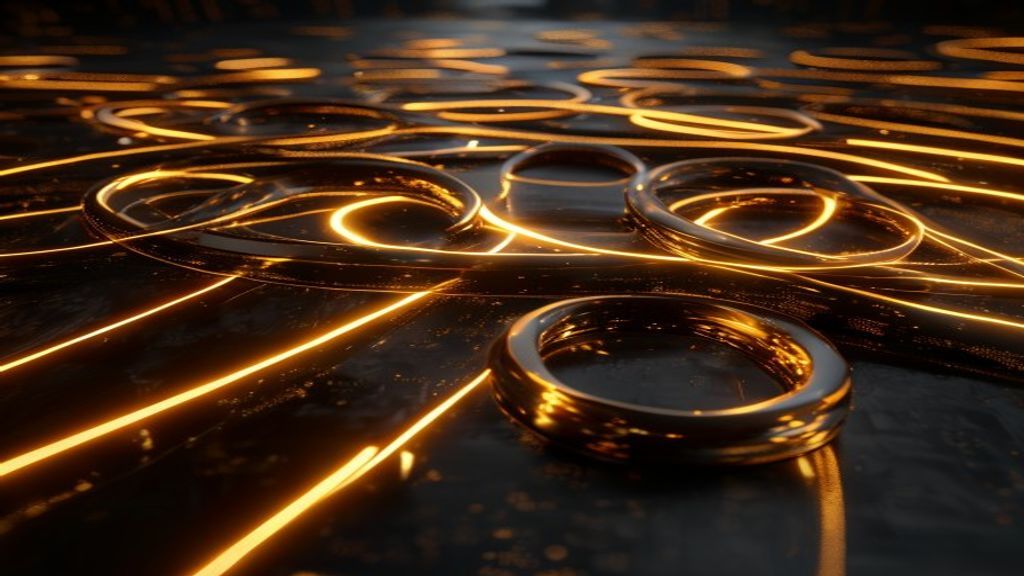 A high-tech, minimalist scene featuring floating matte black metallic rings intersecting with glowing gold energy filame
