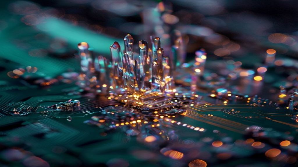 A macro shot of a complex circuit board where organic light filaments are crystallizing into rigid, iridescent platinum 