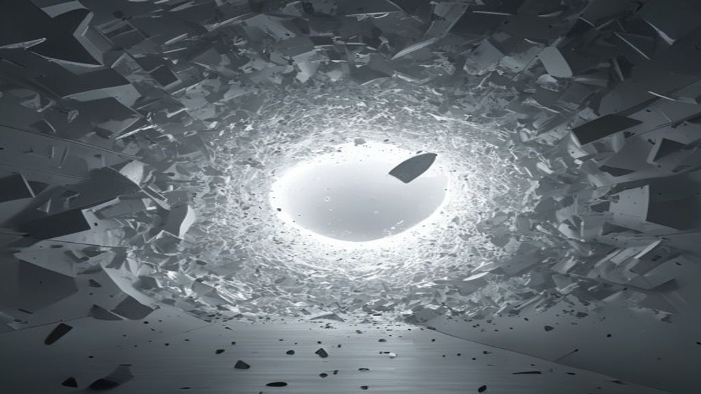 A sleek, modern architectural void where a storm of fragmented grey debris is sucked into a luminous white singularity, 
