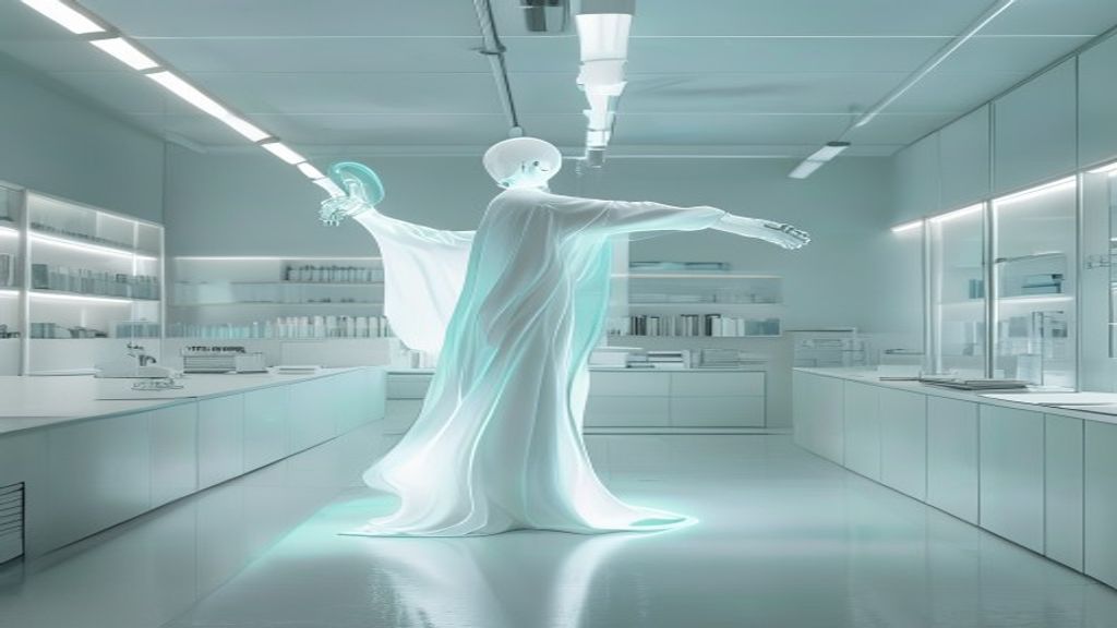 A wide shot of a minimalist white laboratory where a robotic arm mimics a ghostly, iridescent light sculpture of a human