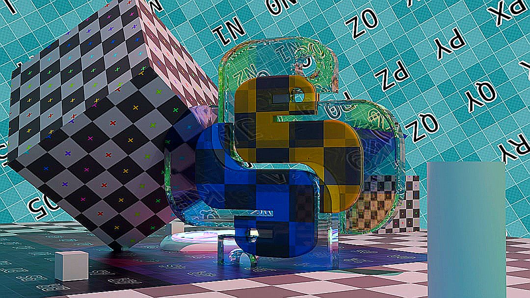 Python logo with checkered cube and abstract geometric shapes.