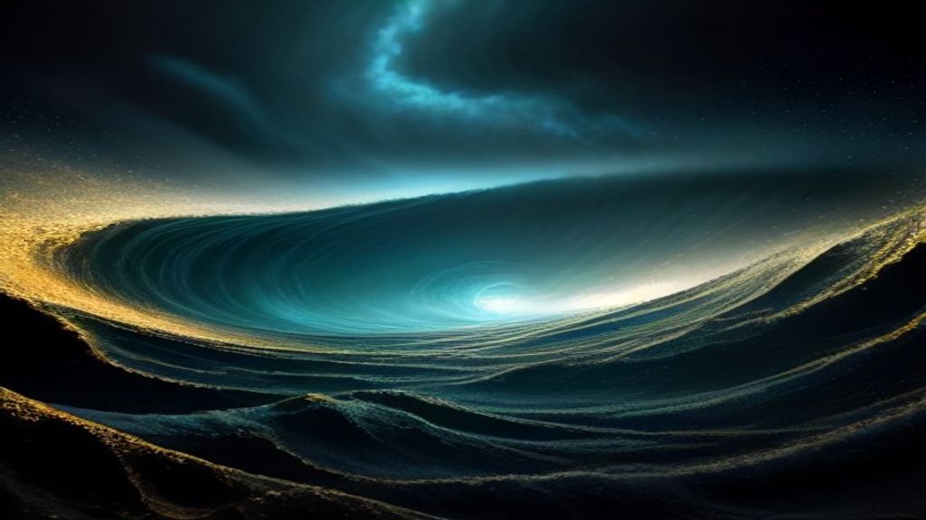 Abstract photorealistic visualization of a multidimensional cloud of shimmering gold particles coalescing into a structu