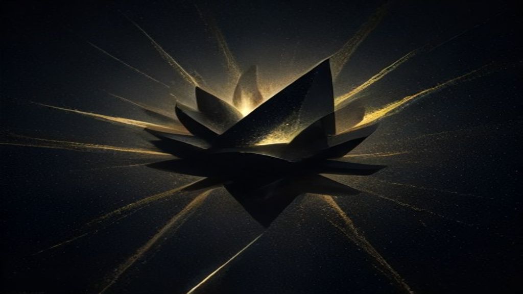 Abstract 3D visualization of a dense cloud of golden light particles being compressed into a sharp, linear crystalline a
