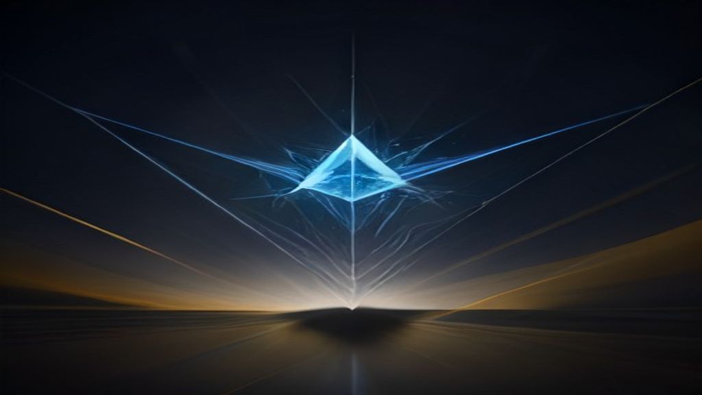Abstract 3D render of a complex crystalline network expanding in a void. Prismatic light refraction, sharp angles, deep 