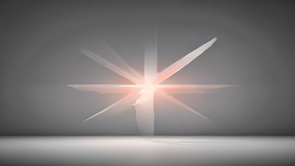 Abstract modern composition of interlocking translucent glass shards. A bright white light beam attempts to fuse two pie
