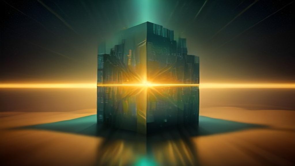 Abstract visualization of a digital monolith constructed from millions of tiny, shimmering gold data cubes. Symmetrical 