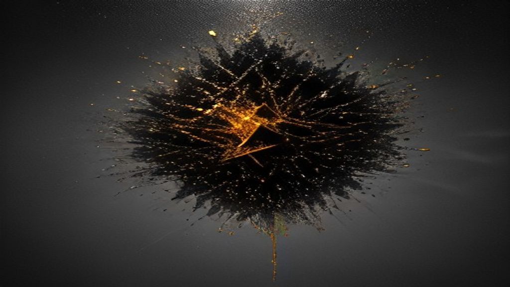 Modern abstract composition of a metallic camera silhouette dissolving into a cloud of floating binary fragments. High c