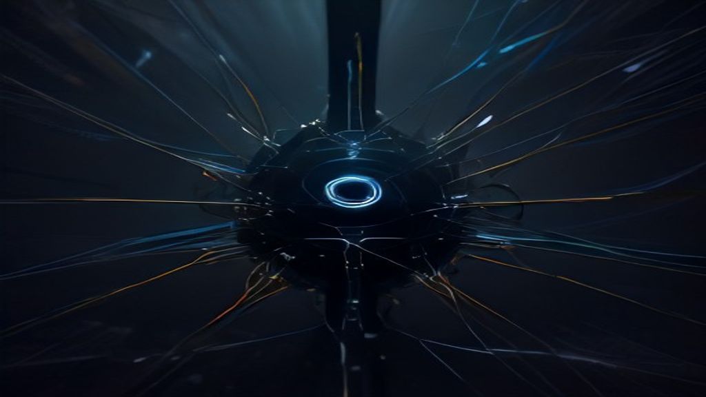 Abstract visualization of a neural network constructed from glowing fiber-optic cables and polished chrome spheres. High