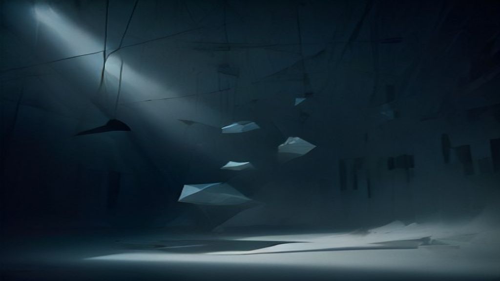 Modern abstract composition of translucent geometric shards floating in a void, connected by laser-thin beams of golden 