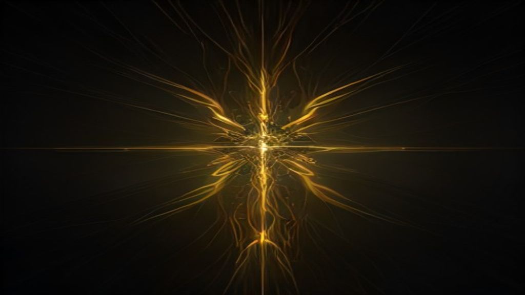 Modern abstract composition of golden fluid circuits merging into a biological avian shape. Glowing amber neon filaments