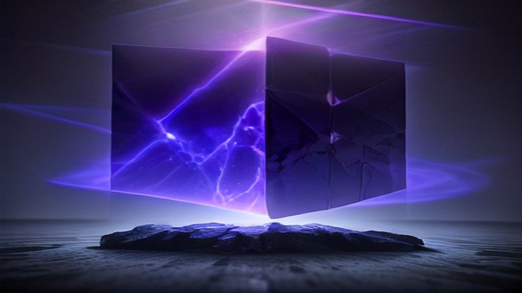A wide cinematic shot of floating holographic cubes separated by void space, with a single jagged bolt of electric viole