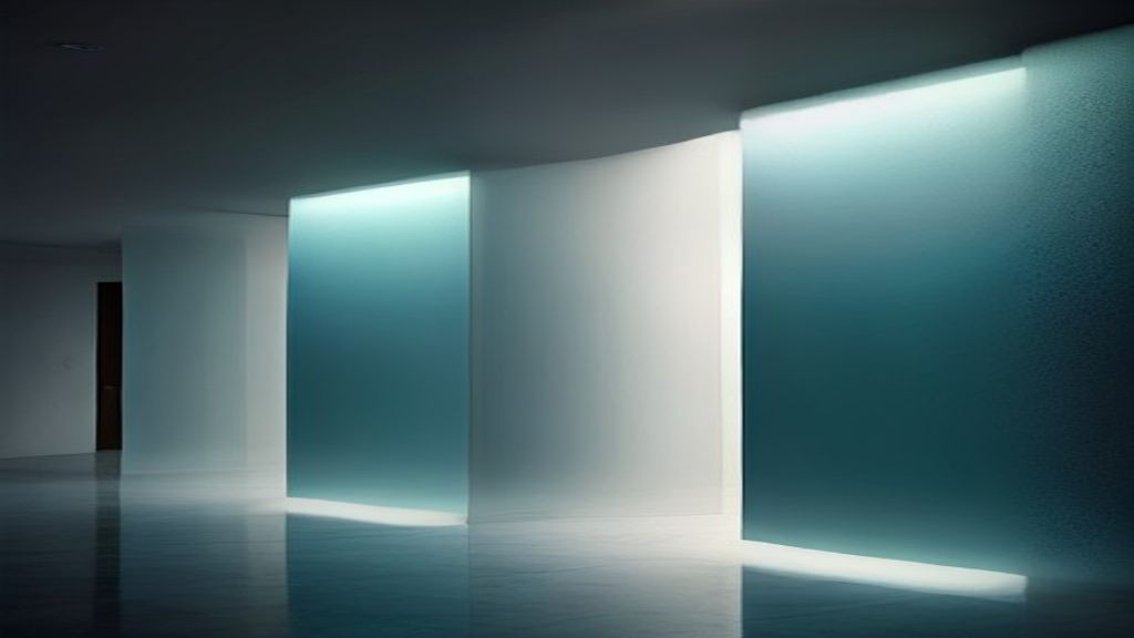 A modern architectural installation of floating monolithic slabs of brushed aluminum and frosted glass. Dramatic side-li