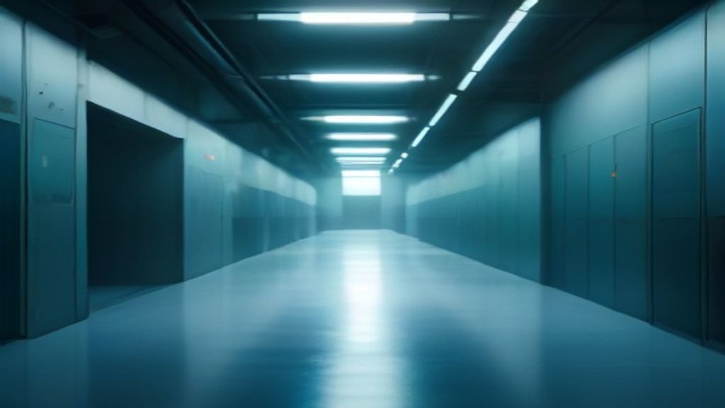 A photorealistic wide shot of a futuristic server corridor. Ethereal, ghost-like streams of light are leaking from a sle