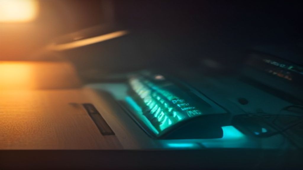 Photorealistic macro shot of a retro computer keyboard in a dim room. A single key is illuminated by a sharp, cinematic 