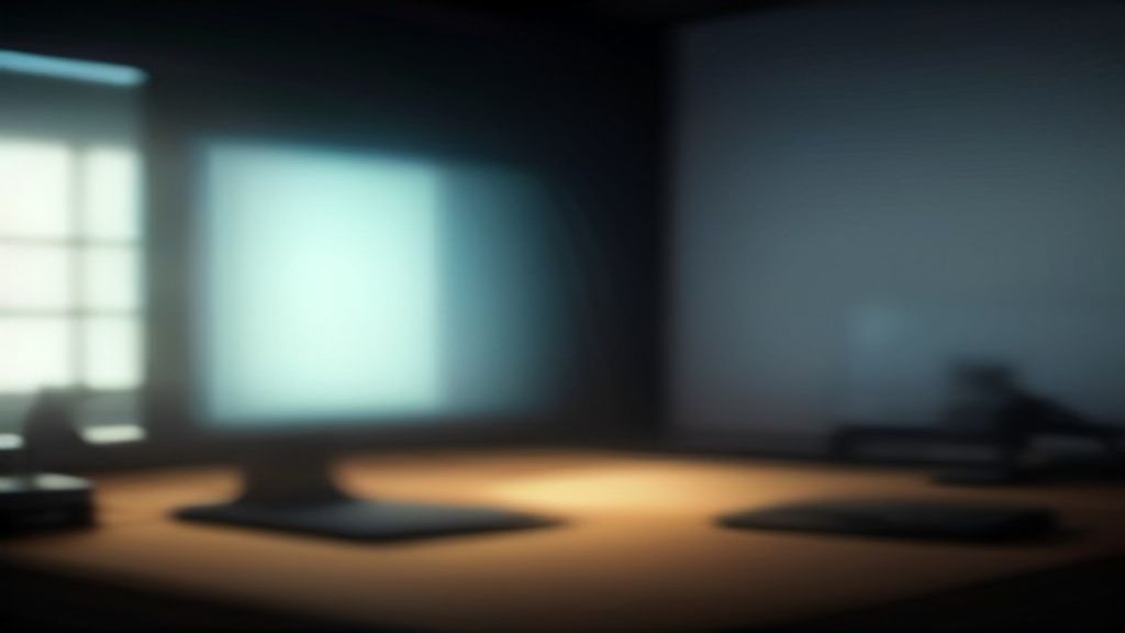 Wide cinematic shot of a minimalist workspace. A holographic, iridescent fruit fly floating above a high-end monitor, ca