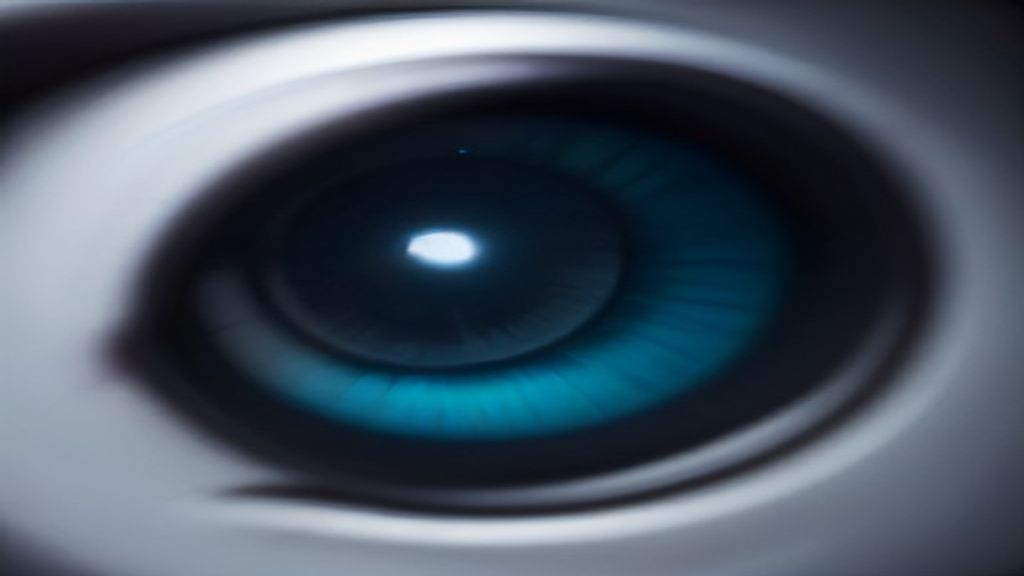 Cinematic close-up of a robotic eye reflecting a complex neural network. Polished obsidian and brushed aluminum textures