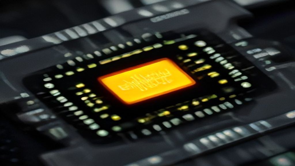 Extreme close-up of a miniature microcontroller on a translucent glass-substrate PCB. Dramatic rim lighting, neon amber 