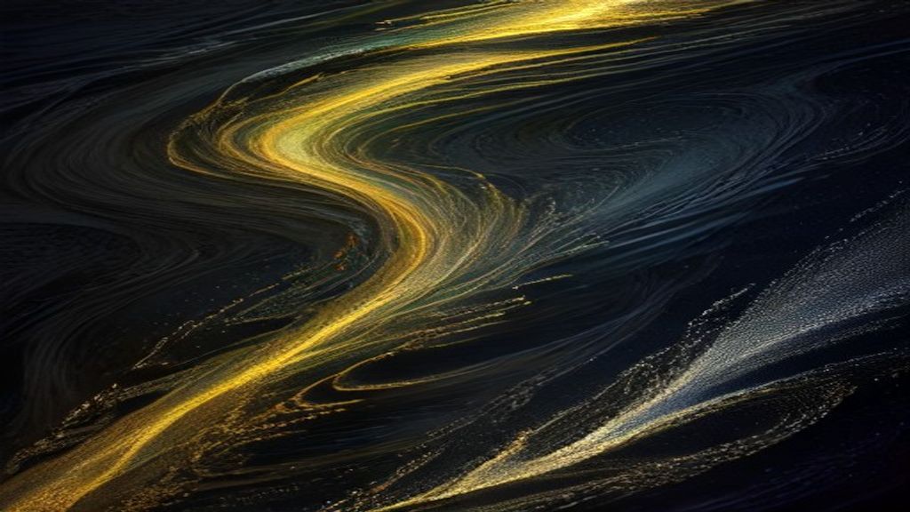 Abstract macro view of six distinct streams of liquid light merging into a synchronized swarm. Iridescent gold and silve