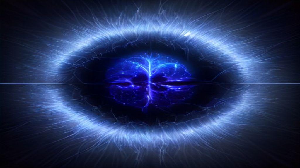 Abstract modern visualization of a digital bridge between a biological brain and a silicon processor. Shimmering iridesc