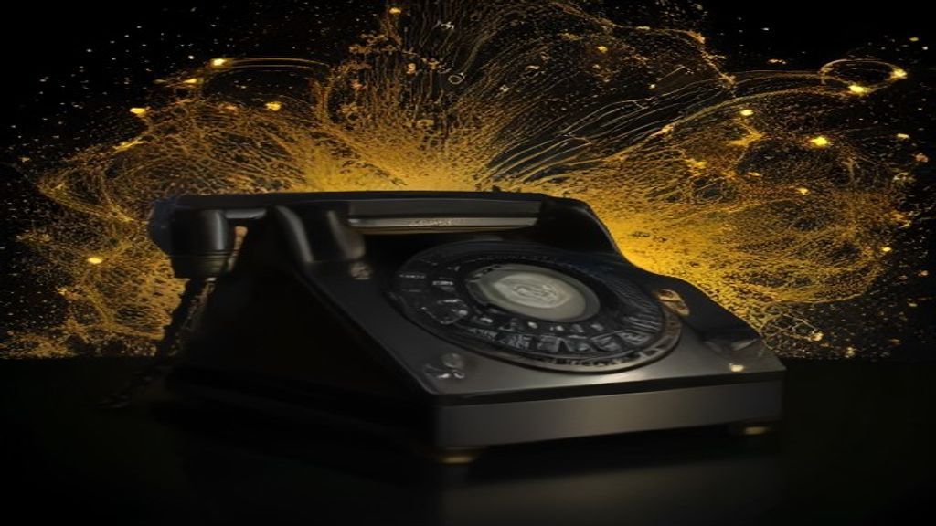 Abstract composition of a rotary phone silhouette dissolving into a digital stream of binary gold particles and LTE sign