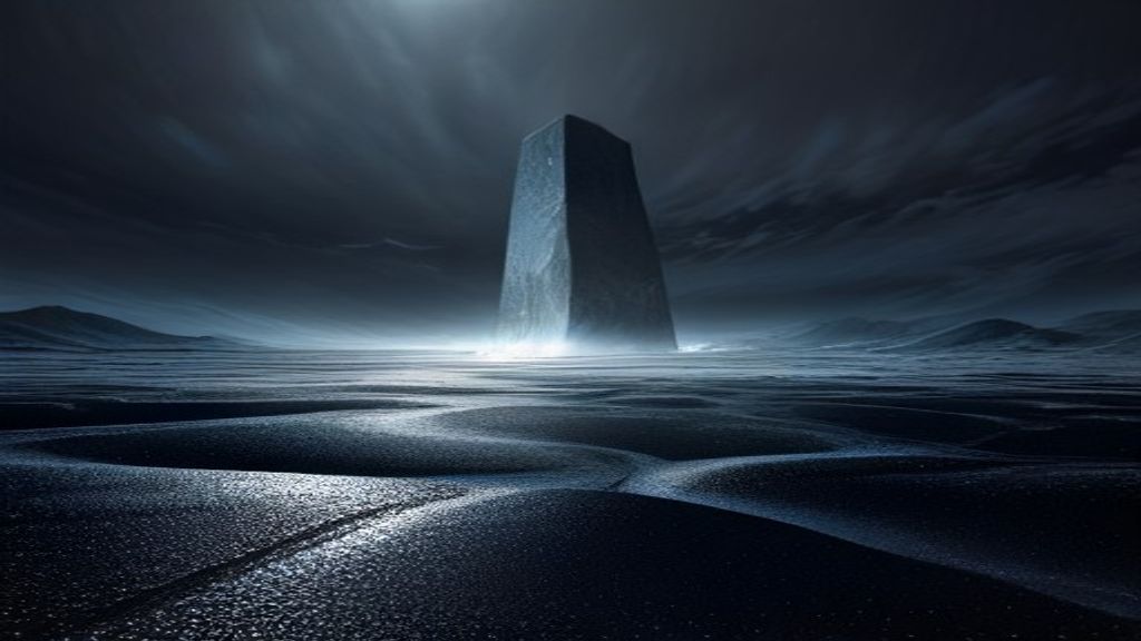 Abstract wide shot of a shimmering digital landscape. A river of liquid silver data flowing into a central, monolithic g