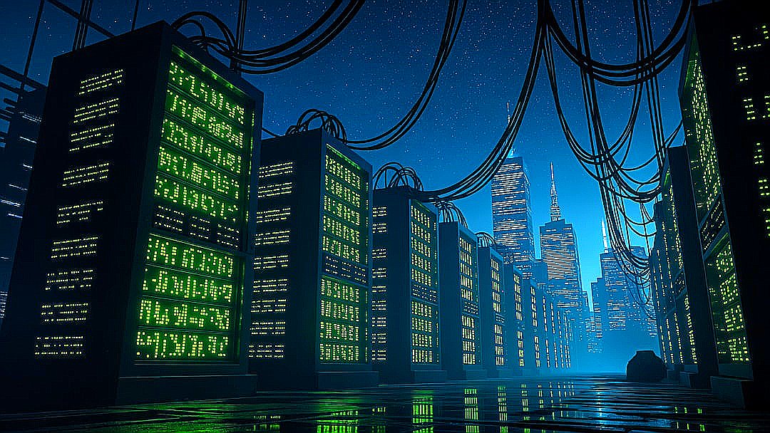 Servers illuminate a futuristic cityscape with a data center