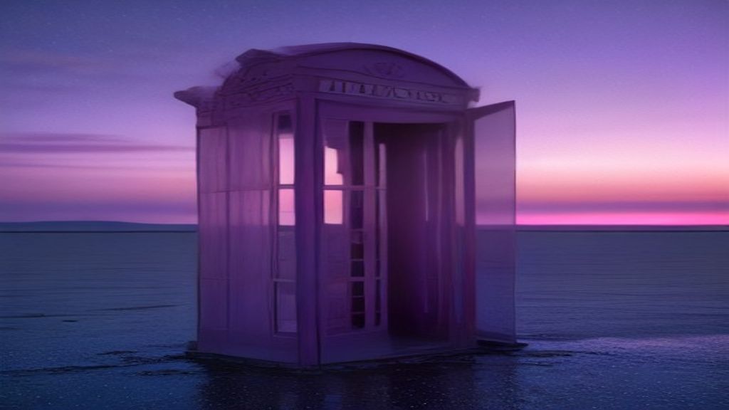 A solitary, weathered telephone booth standing in a vast, mirrored salt flat under a twilight violet sky. Soft ambient l