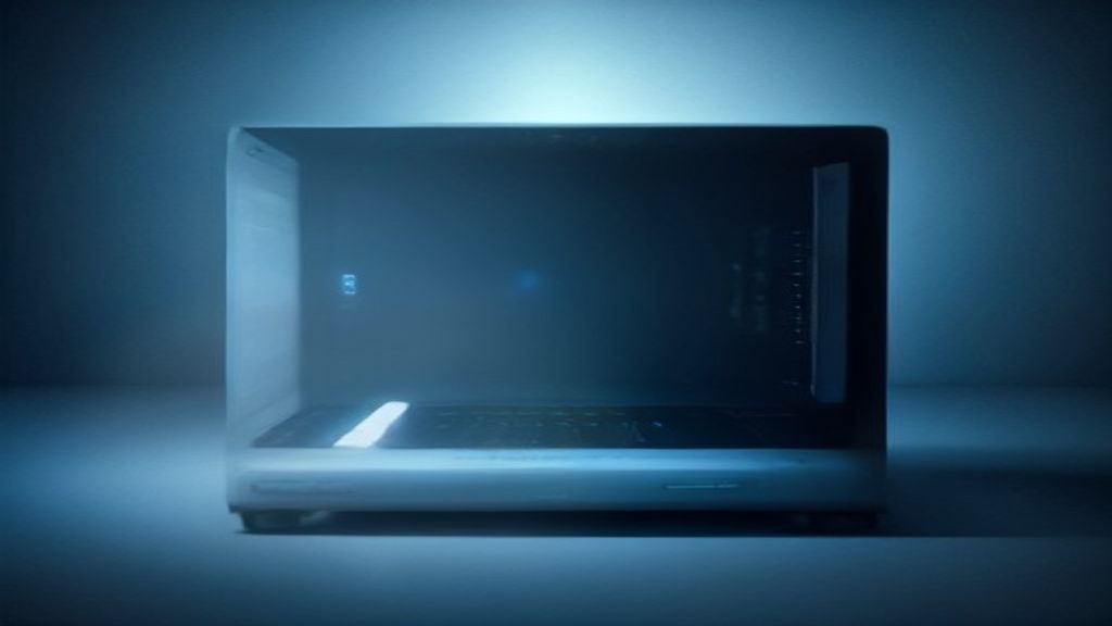 A modern, minimalist macro shot of a sleek computer chip emitting a soft holographic glow. Ethereal light beams connecti