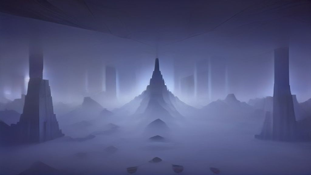 A futuristic architectural vista featuring six towering pillars of light arranged in a hexagonal formation. Beams of ene