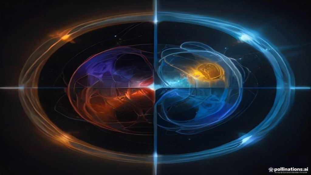 A high-speed stream of liquid light flowing between two floating holographic cores. Vibrant amber and cobalt blue hues, 