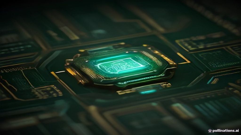 Photorealistic macro shot of a high-tech processor chip. Translucent layers revealing glowing golden pathways and flowin