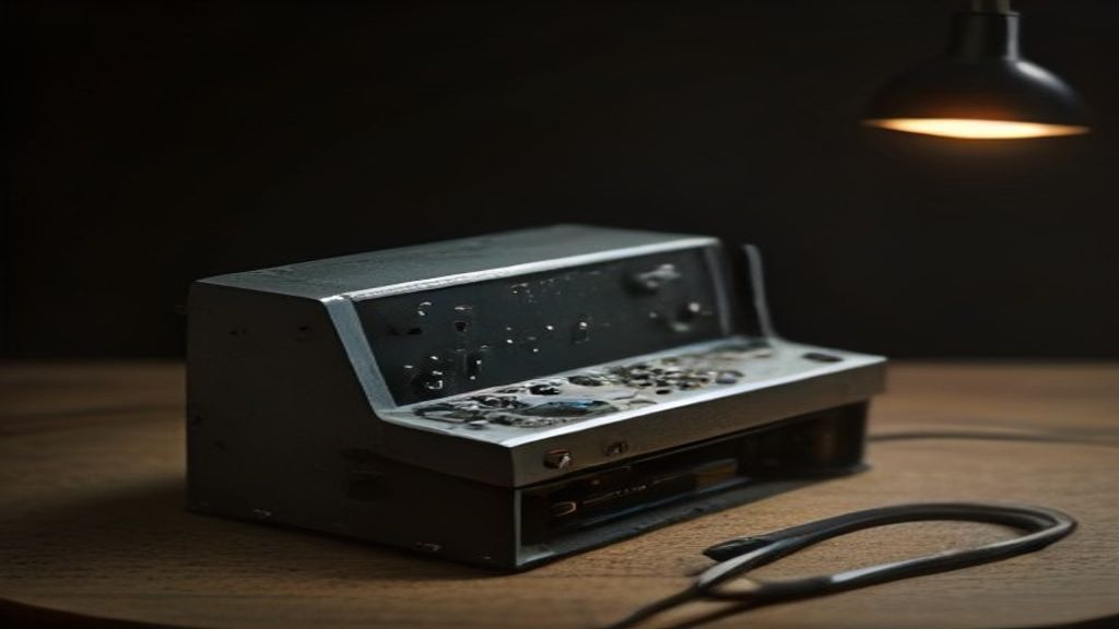 A sleek, modern workbench scene. An open vintage phone chassis revealing a complex intersection of copper wiring and a m