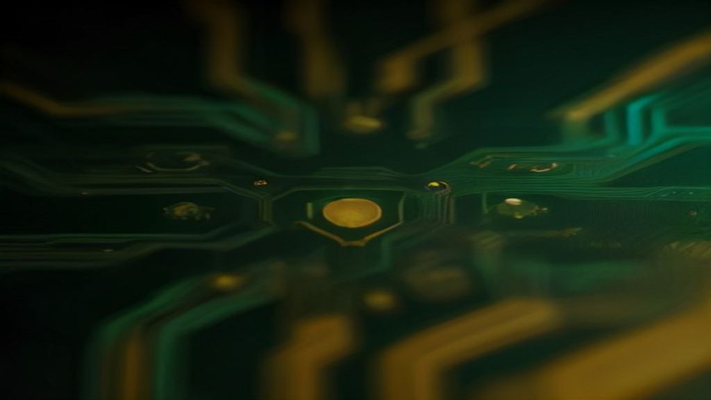 Photorealistic macro shot of a futuristic circuit board where gold traces evolve into organic, glowing synapses. Soft bo