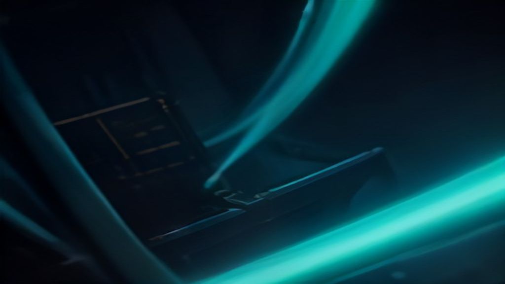 A photorealistic macro shot of a sleek, dark metallic server blade. Ethereal, ghostly light filaments in neon orange wea