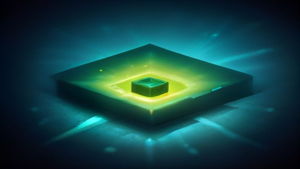 Photorealistic macro shot of a sleek, futuristic neural interface chip embedded in a crystalline structure. Pulsing ambe