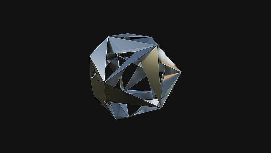 A shiny, geometric, abstract sculpture on black