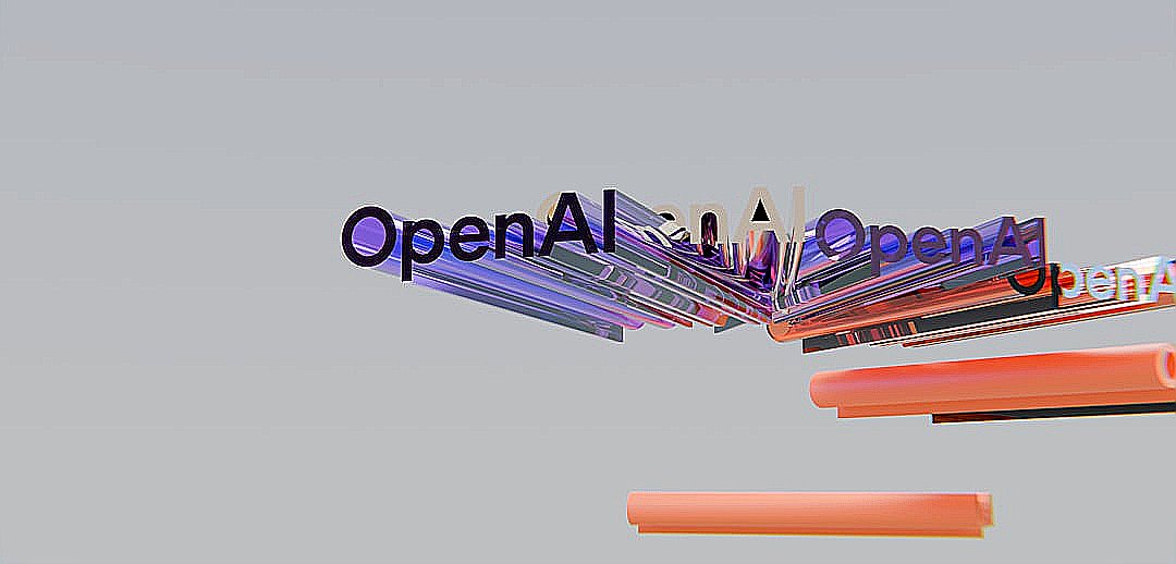 Layered "openai" text with orange shapes on a gray background