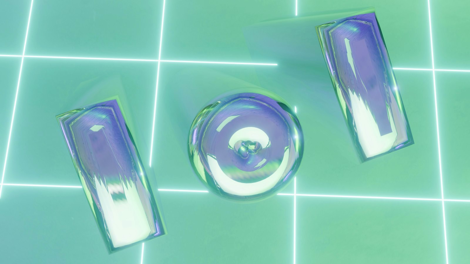 Iridescent 3D shapes on a glowing neon grid background