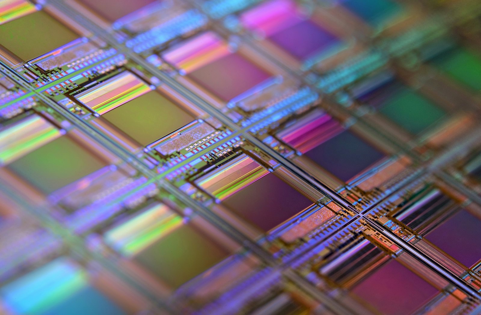 A silicon wafer with a grid of iridescent microchip dies under shallow focus