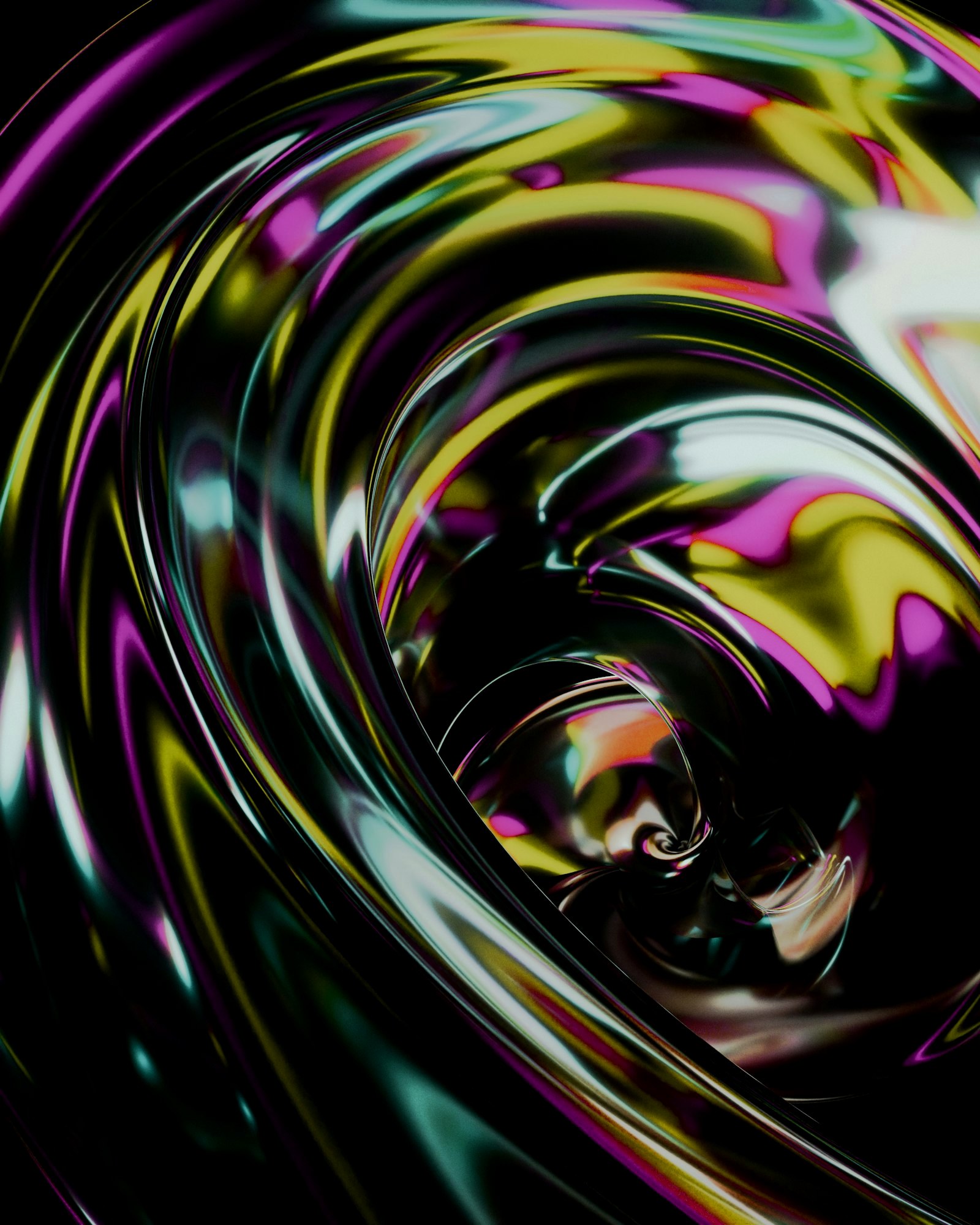 Abstract swirling metallic colors in a dark tunnel