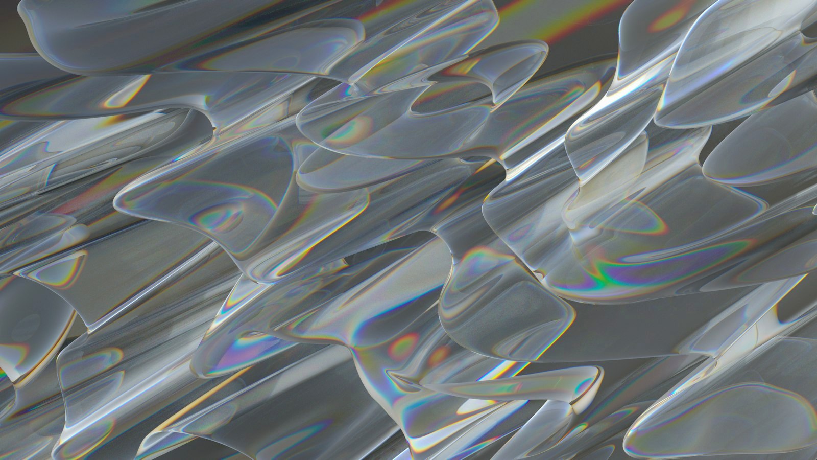 Abstract translucent liquid shapes with iridescent rainbow light reflections on a grey background